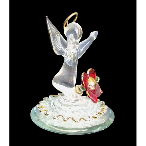Glass Angel Figurine With Gold Accents and  Red Flower On Round Mirror Base - Picture 2 of 7